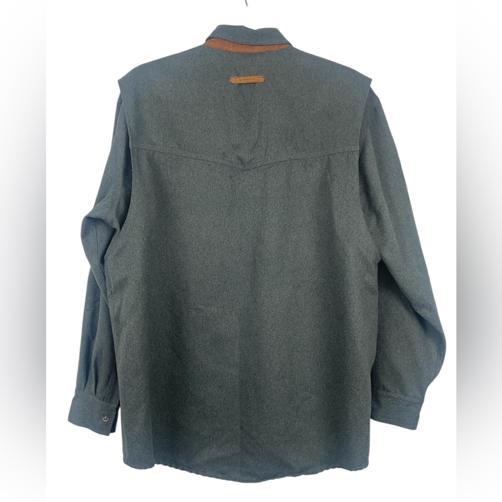 Schnees rifleman flannel shacket in grey w/leather trim collar. Size large GUC - Picture 8 of 11